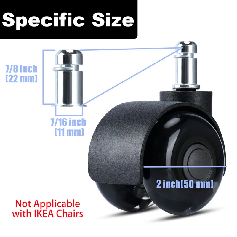 YOOGAA Office Chair Caster Wheels 2"" Stem Dual Wheels Set of 5 Heavy Duty Replacement Mute Rubber Rotating Castor for All Floors Hardwood Tile Carpet Universal Fit for Chairs (2 inch Dual Wheel) - Image 2